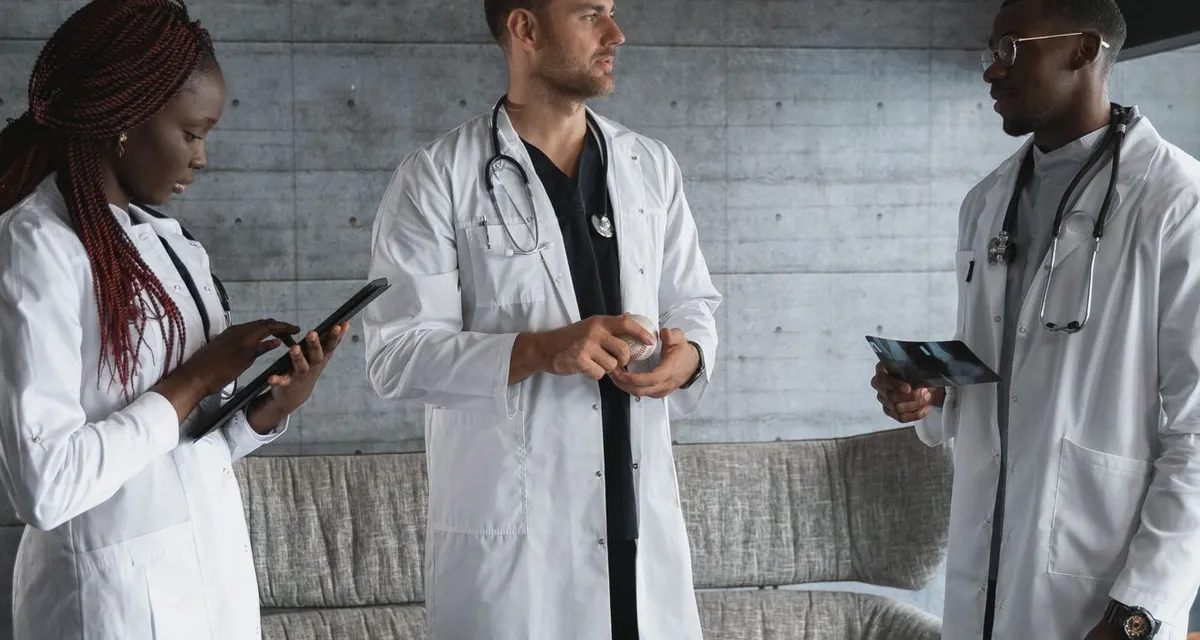 Three clinicians in white coats reviewing a case together, one holding a tablet and one an X-ray film