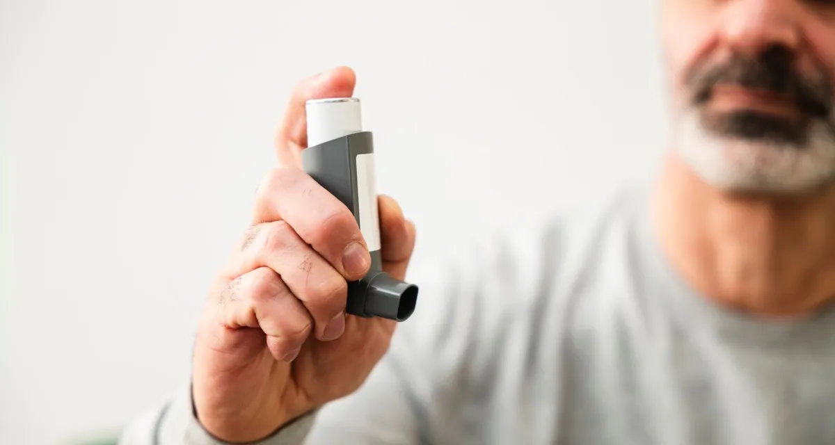 A man holding up an inhaler, his face out of focus behind it