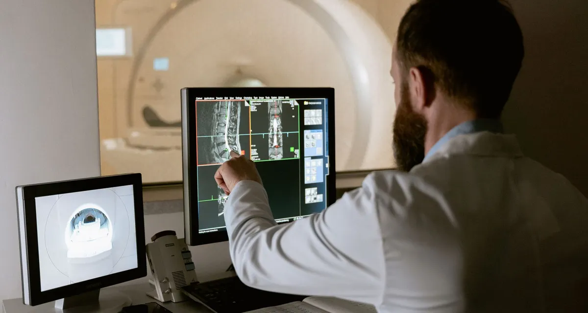A clinician in a white coat pointing at a lumbar spine MRI study on a reporting screen